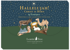 Back packaging of a religious card assortment featuring a manger scene with animals, star of Bethlehem, and text 'Hallelujah! Christ is Born' by Leanin' Tree.