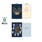 Open view of two religious cards, showing front designs of angels and nativity, inside messages, highlighting sustainably-sourced paper and soy-based inks.