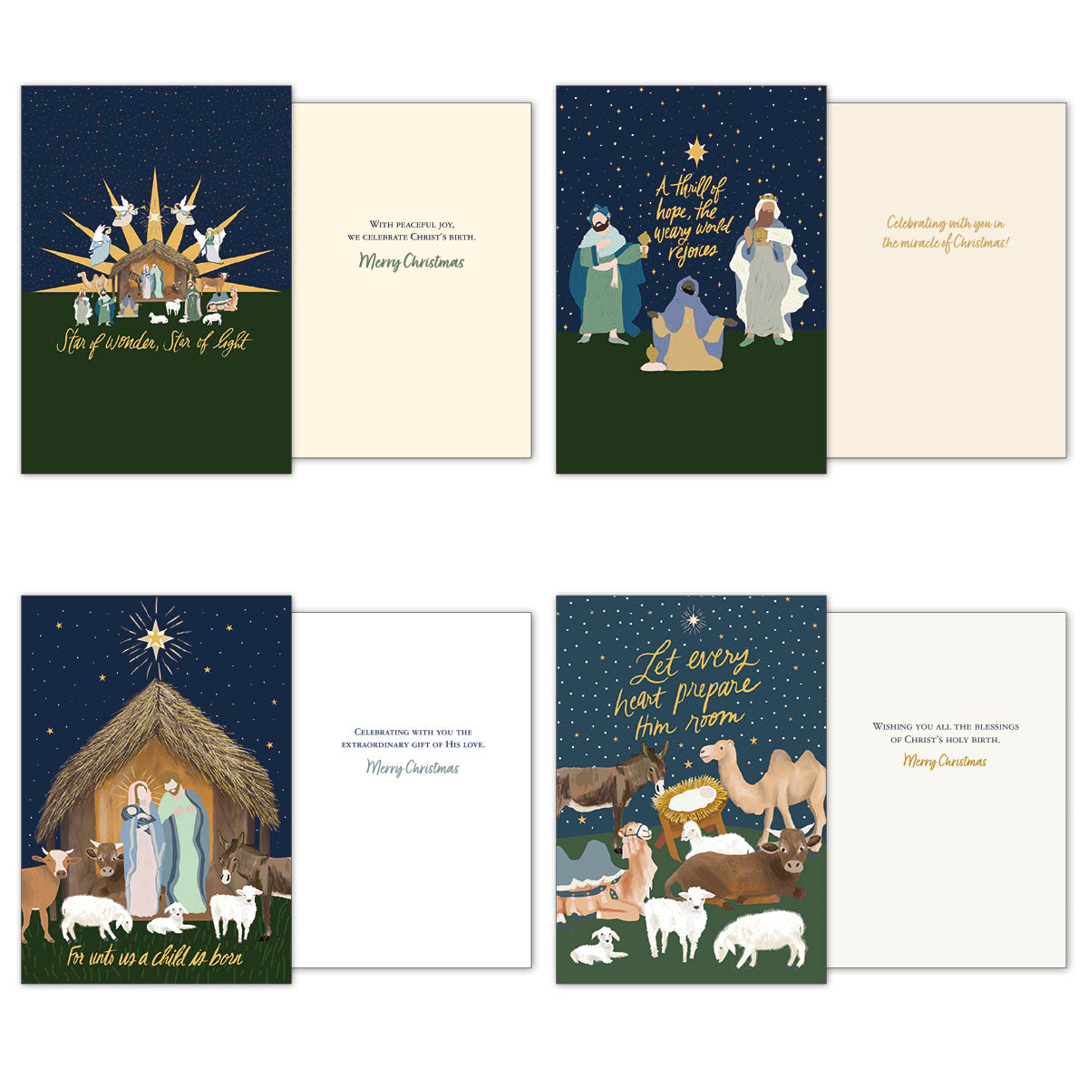 Open view of three assorted religious greeting cards, displaying detailed nativity scenes with wise men, shepherds, and heartfelt interior messages.