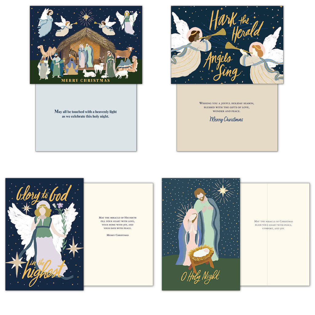 Open view of three distinct religious cards showing designs of angels, Mary and Joseph with baby Jesus, and corresponding spiritual interior greetings.