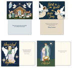 Open view of three distinct religious cards showing designs of angels, Mary and Joseph with baby Jesus, and corresponding spiritual interior greetings.