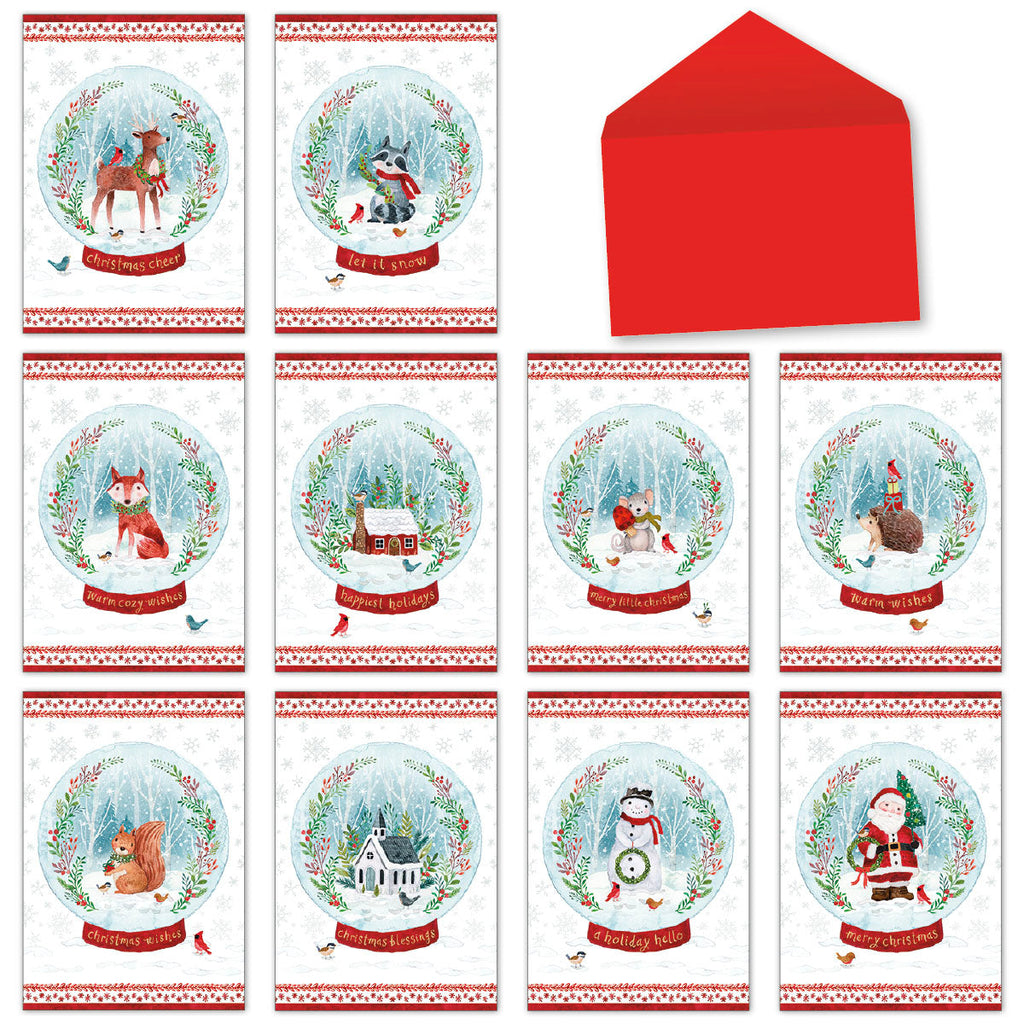 Assorted set of ten cute snow globe holiday greeting cards featuring various winter animals, Santa, snowman, and a festive church, alongside a red envelope.