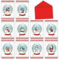 Assorted set of ten cute snow globe holiday greeting cards featuring various winter animals, Santa, snowman, and a festive church, alongside a red envelope.