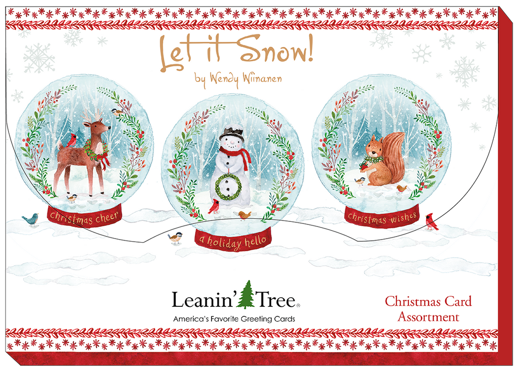 Leanin' Tree 'Let it Snow!' holiday card collection banner showcasing three snow globe designs with a deer, snowman, and squirrel in a festive winter setting.