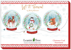 Leanin' Tree 'Let it Snow!' holiday card collection banner showcasing three snow globe designs with a deer, snowman, and squirrel in a festive winter setting.