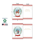 Two examples of eco-friendly holiday greeting cards, featuring a deer and a dog in snow globes, displaying front, inside greetings, 5x7 inch dimensions, sustainably-sourced paper, soy-based inks, and Made in USA labels.