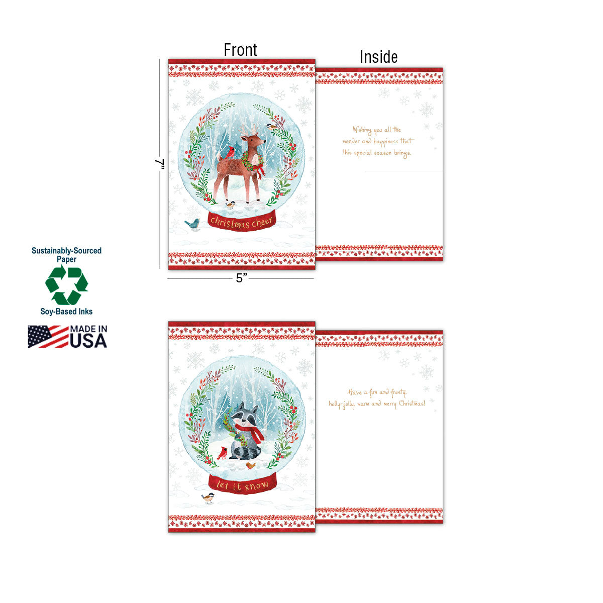 Two examples of eco-friendly holiday greeting cards, featuring a deer and a dog in snow globes, displaying front, inside greetings, 5x7 inch dimensions, sustainably-sourced paper, soy-based inks, and Made in USA labels.