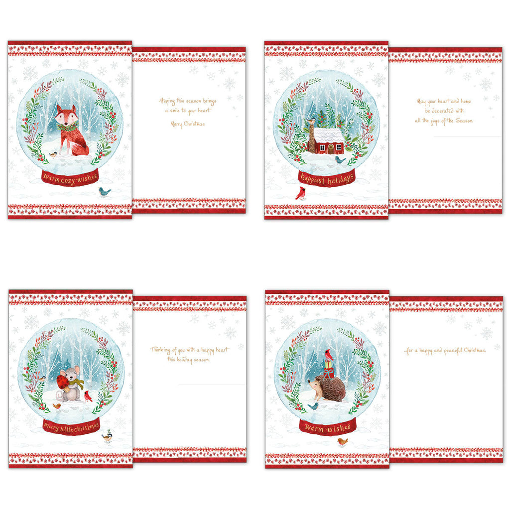 Set of four unique holiday cards with snow globe designs, showcasing front and inside messages for a fox, a festive house, a mouse, and a hedgehog amidst snowy winter scenes.