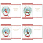 Set of four unique holiday cards with snow globe designs, showcasing front and inside messages for a fox, a festive house, a mouse, and a hedgehog amidst snowy winter scenes.
