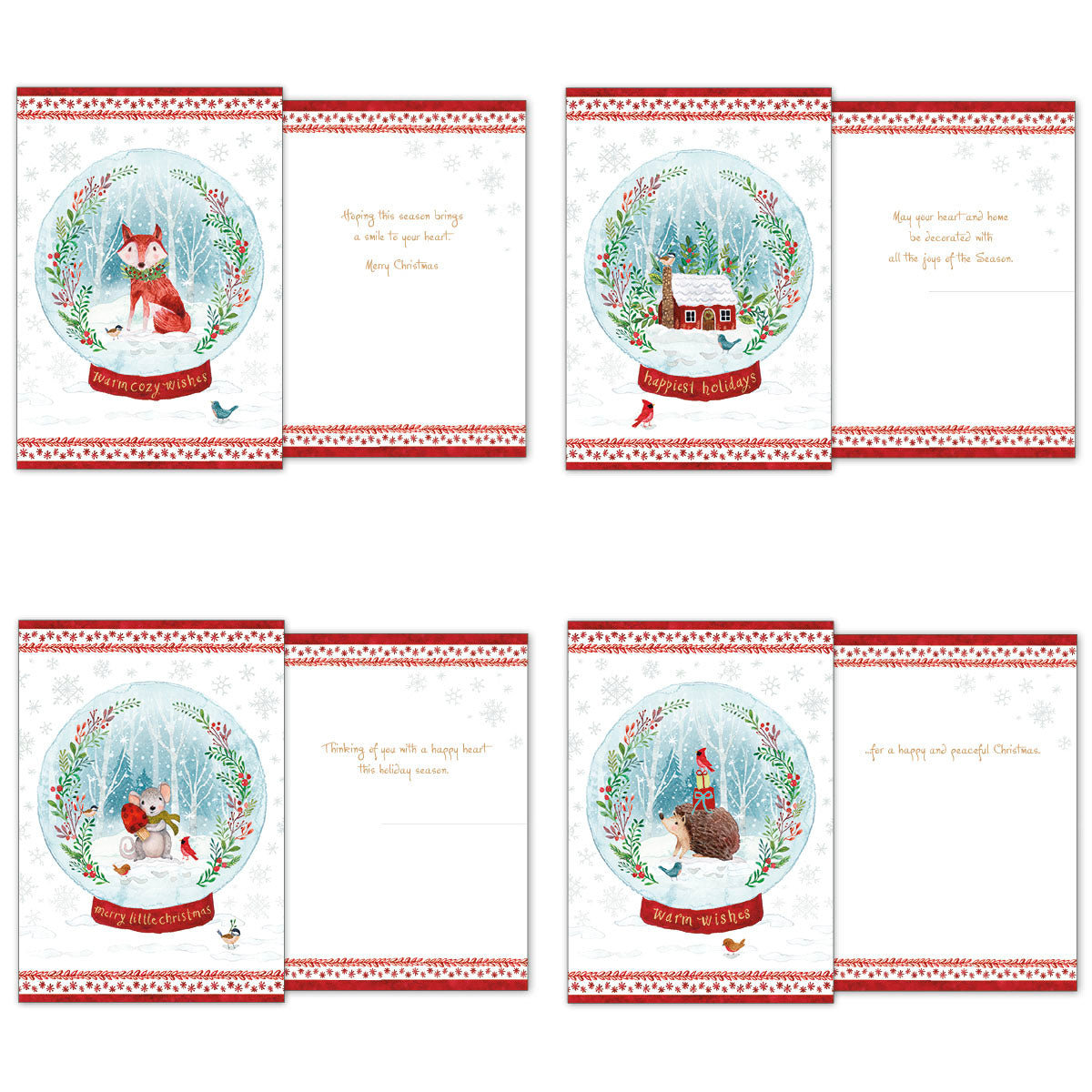 Set of four unique holiday cards with snow globe designs, showcasing front and inside messages for a fox, a festive house, a mouse, and a hedgehog amidst snowy winter scenes.