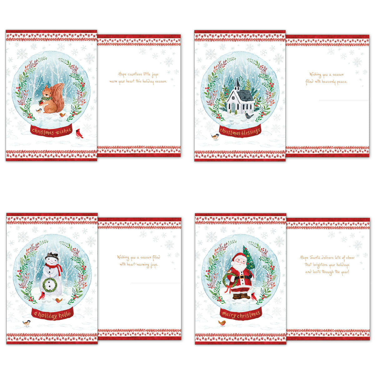 Close-up view of four diverse holiday greeting cards, each with a snow globe design featuring a squirrel, a church, a snowman, and Santa, illustrating their festive fronts and heartwarming interior messages.