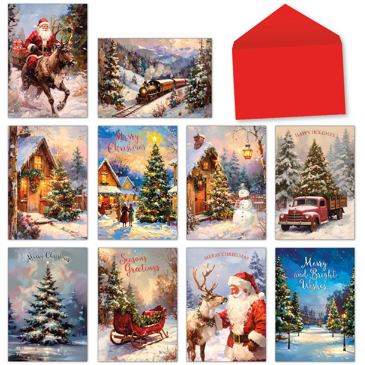 Assorted festive greeting cards featuring Santa Claus, winter landscapes, snowy villages, vintage trucks, and reindeer with a red envelope, perfect for holiday well-wishes.