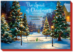 Cover of 'The Spirit of Christmas' greeting card assortment by Corinne Haig, showing a snowy path lined with glowing street lamps and decorated evergreen trees.
