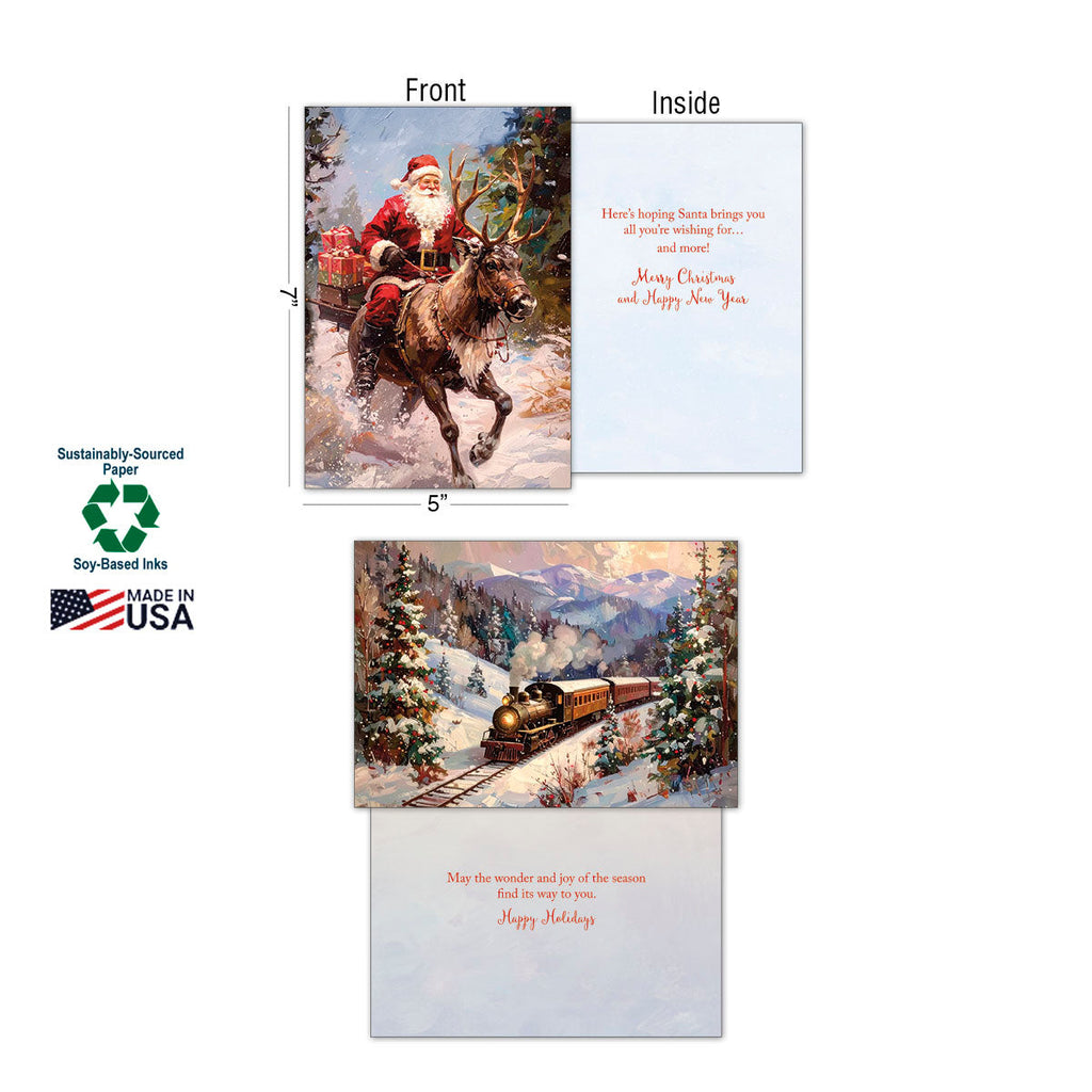 Detailed view of two open holiday greeting cards: one with Santa on a sleigh and a reindeer, the other a winter train scene. Includes sustainability logos and card dimensions.