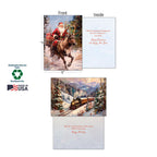 Detailed view of two open holiday greeting cards: one with Santa on a sleigh and a reindeer, the other a winter train scene. Includes sustainability logos and card dimensions.