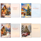Open view of four unique festive cards: a cozy snow-covered cabin, a bustling village scene, a snowman by a cabin, and a vintage red truck, each with interior holiday messages.