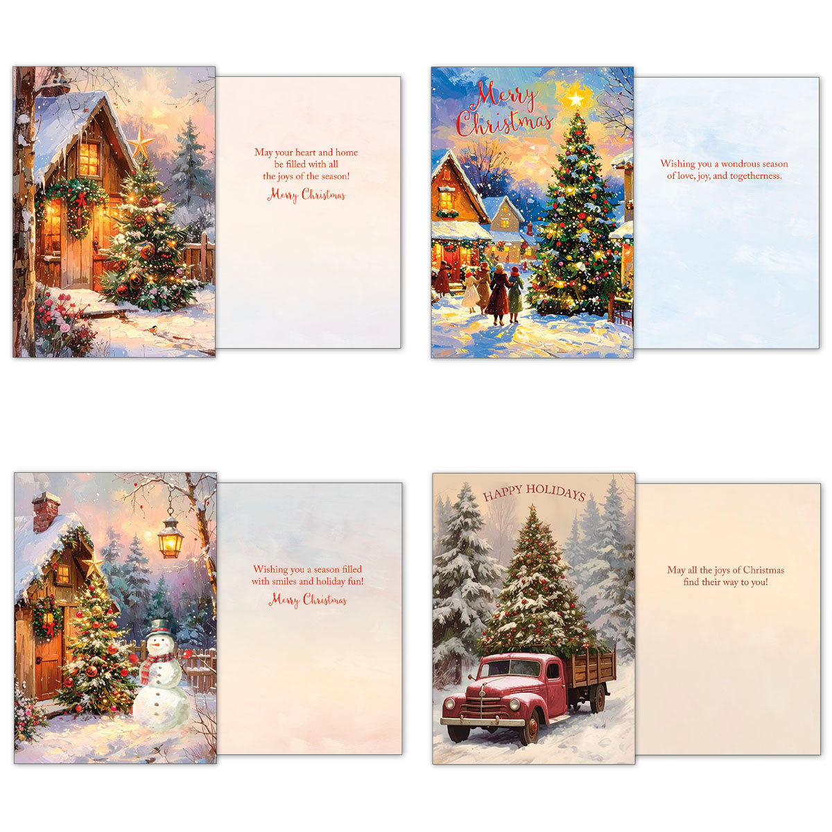 Open view of four unique festive cards: a cozy snow-covered cabin, a bustling village scene, a snowman by a cabin, and a vintage red truck, each with interior holiday messages.