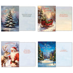 Assortment of four open holiday greeting cards: a peaceful snowy evergreen, a sleigh laden with gifts, Santa Claus with a reindeer, and a radiant snowy lane.