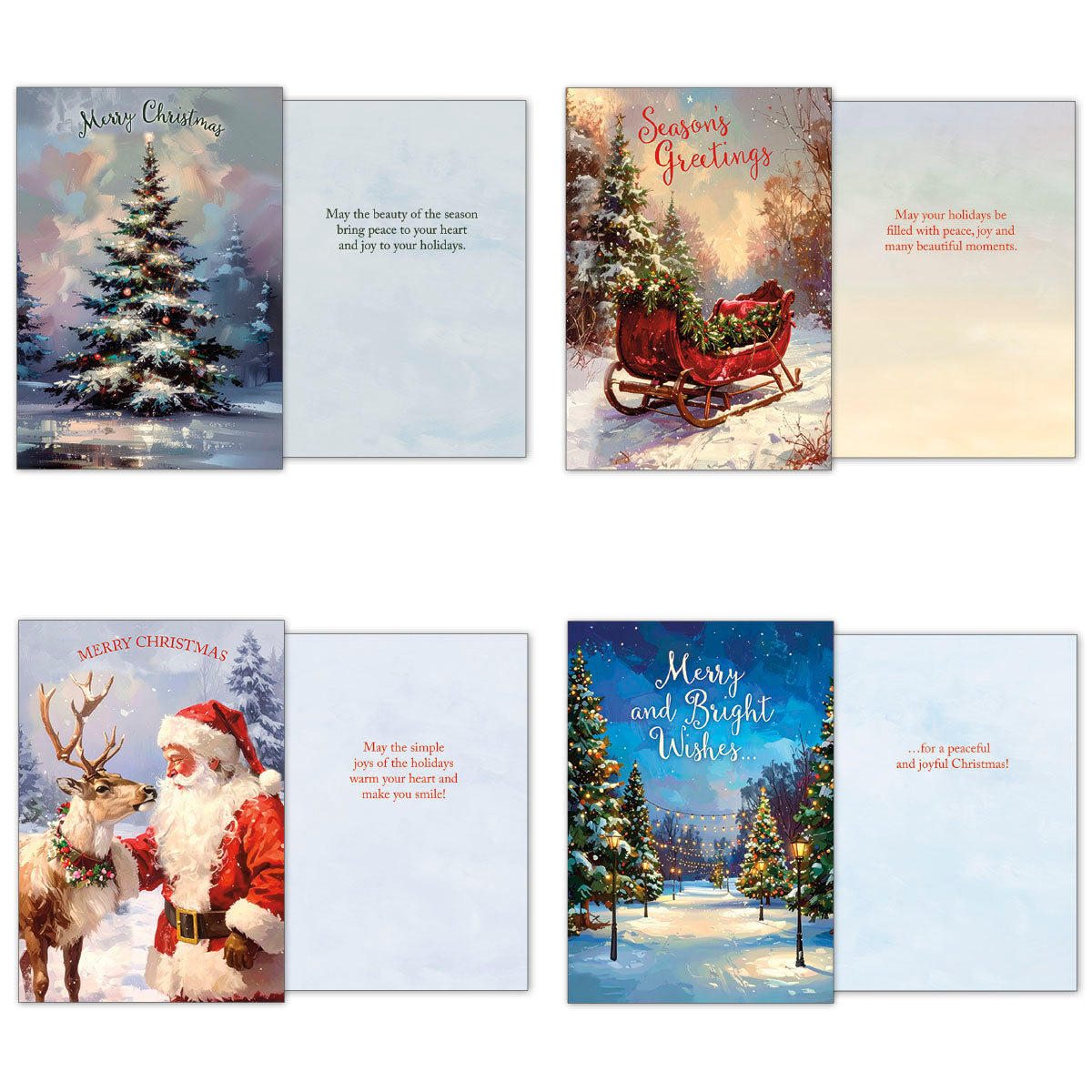 Assortment of four open holiday greeting cards: a peaceful snowy evergreen, a sleigh laden with gifts, Santa Claus with a reindeer, and a radiant snowy lane.