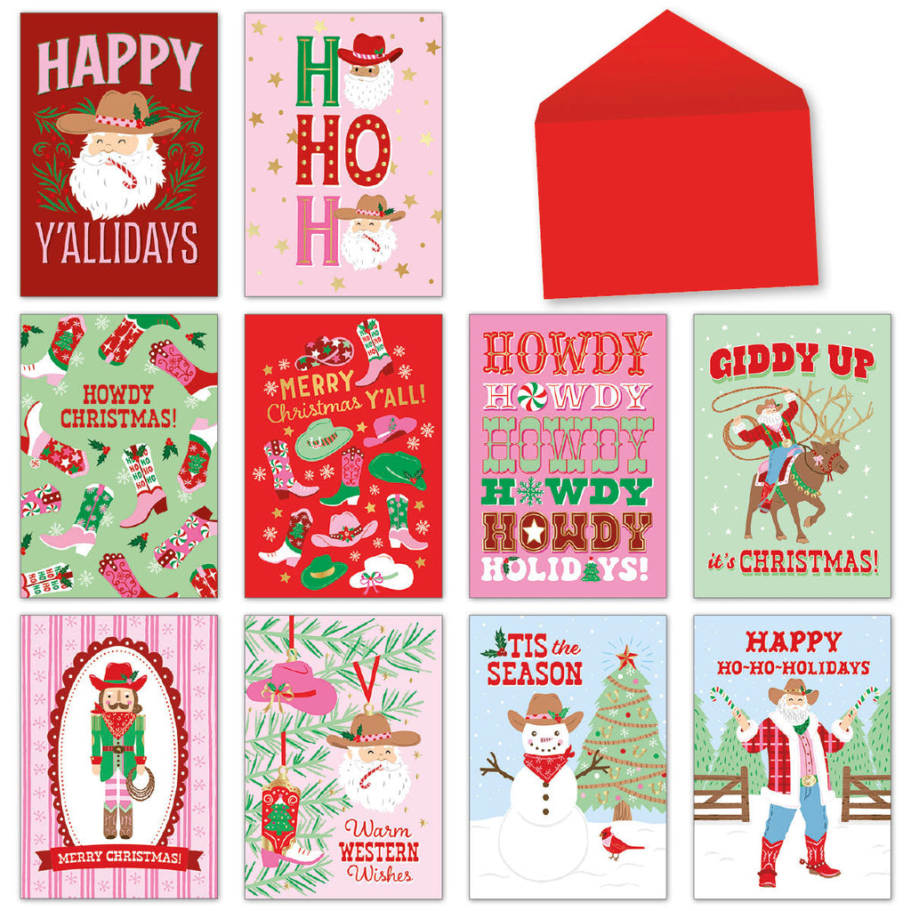 Main product image showing a full assortment of 10 western-themed holiday greeting cards with Santa in a cowboy hat, various designs, and a red envelope.