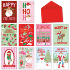 Main product image showing a full assortment of 10 western-themed holiday greeting cards with Santa in a cowboy hat, various designs, and a red envelope.
