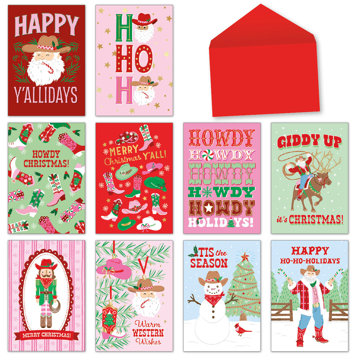 Main product image showing a full assortment of 10 western-themed holiday greeting cards with Santa in a cowboy hat, various designs, and a red envelope.