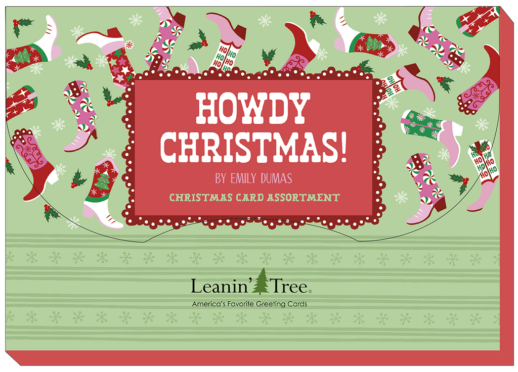 Back of the "Howdy Christmas!" western greeting card assortment box, featuring festive cowboy boots and holiday patterns by Leanin' Tree.
