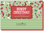 Back of the "Howdy Christmas!" western greeting card assortment box, featuring festive cowboy boots and holiday patterns by Leanin' Tree.