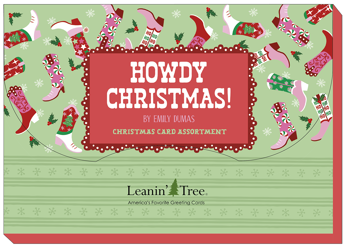 Back of the "Howdy Christmas!" western greeting card assortment box, featuring festive cowboy boots and holiday patterns by Leanin' Tree.