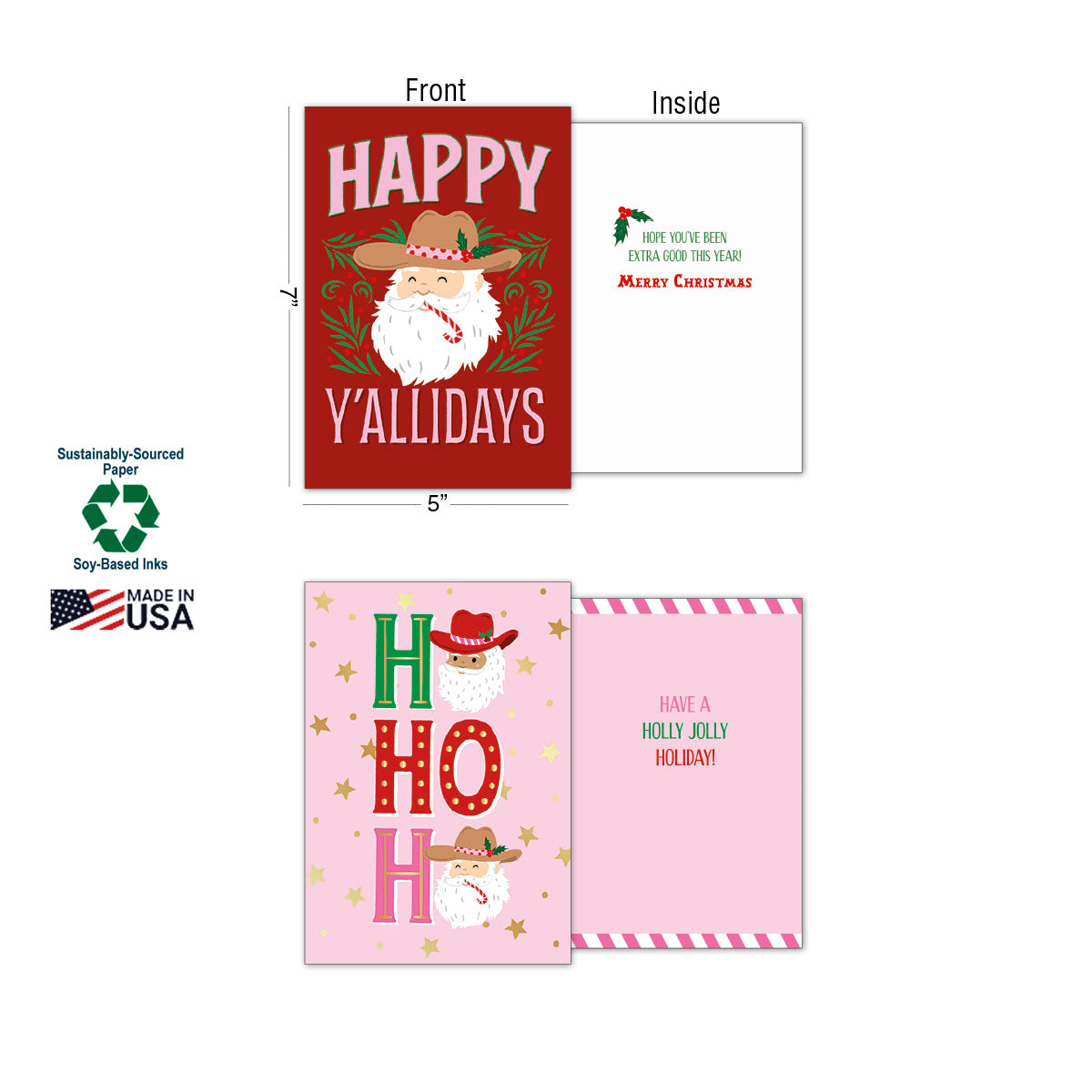 Detailed view of two western holiday cards: "Happy Y'allidays" and "Ho Ho Ho H", showing both front and inside messages, along with sustainability and Made in USA labels.