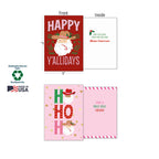 Detailed view of two western holiday cards: "Happy Y'allidays" and "Ho Ho Ho H", showing both front and inside messages, along with sustainability and Made in USA labels.