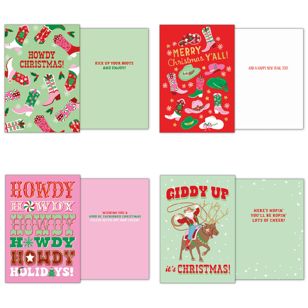 Collection of four unique Western Christmas cards, displaying front and inside messages. Designs include cowboy boots, hats, and a cowboy riding a reindeer with phrases like 'Howdy Christmas!' and 'Giddy Up it's Christmas!'.
