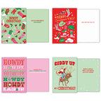Collection of four unique Western Christmas cards, displaying front and inside messages. Designs include cowboy boots, hats, and a cowboy riding a reindeer with phrases like 'Howdy Christmas!' and 'Giddy Up it's Christmas!'.