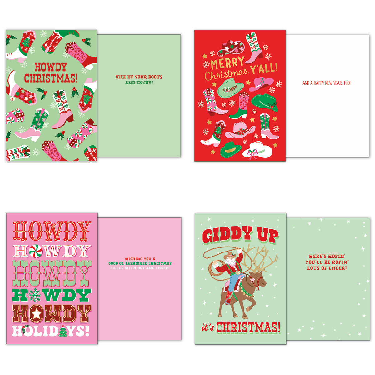 Collection of four unique Western Christmas cards, displaying front and inside messages. Designs include cowboy boots, hats, and a cowboy riding a reindeer with phrases like 'Howdy Christmas!' and 'Giddy Up it's Christmas!'.