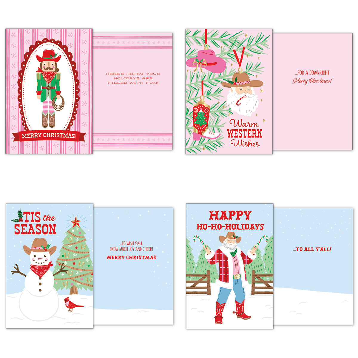 Detailed view of four more Western holiday cards, front and inside. Features a nutcracker, cowboy Santa ornaments, a snowman with a cowboy hat, and another cowboy Santa, all conveying warm western wishes.