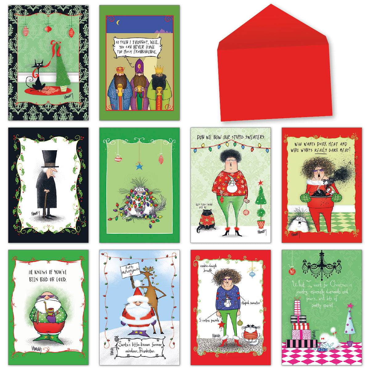 Assortment of 10 funny Christmas greeting cards with unique, quirky holiday designs and vibrant red envelopes, perfect for spreading laughter.