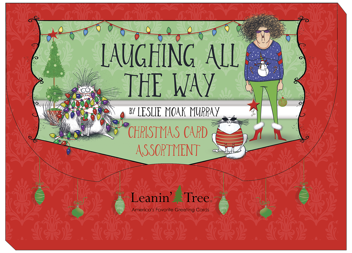Cover of the 'Laughing All The Way' Christmas Card Assortment box by Leslie Moak Murray from Leanin' Tree, featuring whimsical characters and festive lights on a red and green background.
