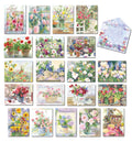 Assortment of 20 floral watercolor greeting cards by Judy Buswell, featuring various garden scenes, flowers, and a matching envelope for all occasions.