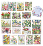Assortment of 20 floral watercolor greeting cards by Judy Buswell, featuring various garden scenes, flowers, and a matching envelope for all occasions.