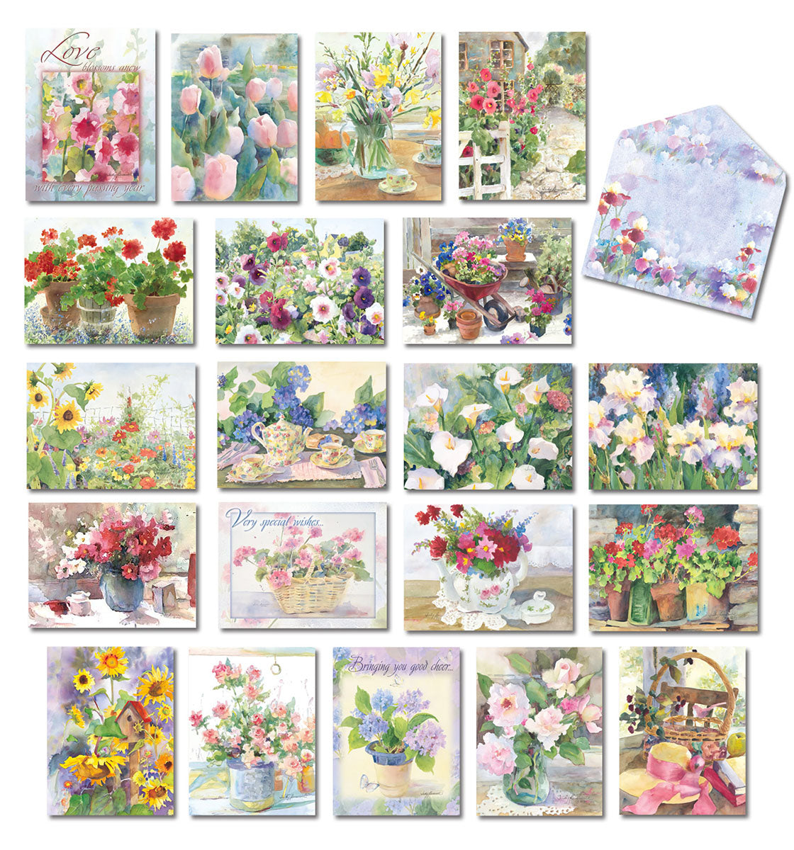 Assortment of 20 floral watercolor greeting cards by Judy Buswell, featuring various garden scenes, flowers, and a matching envelope for all occasions.