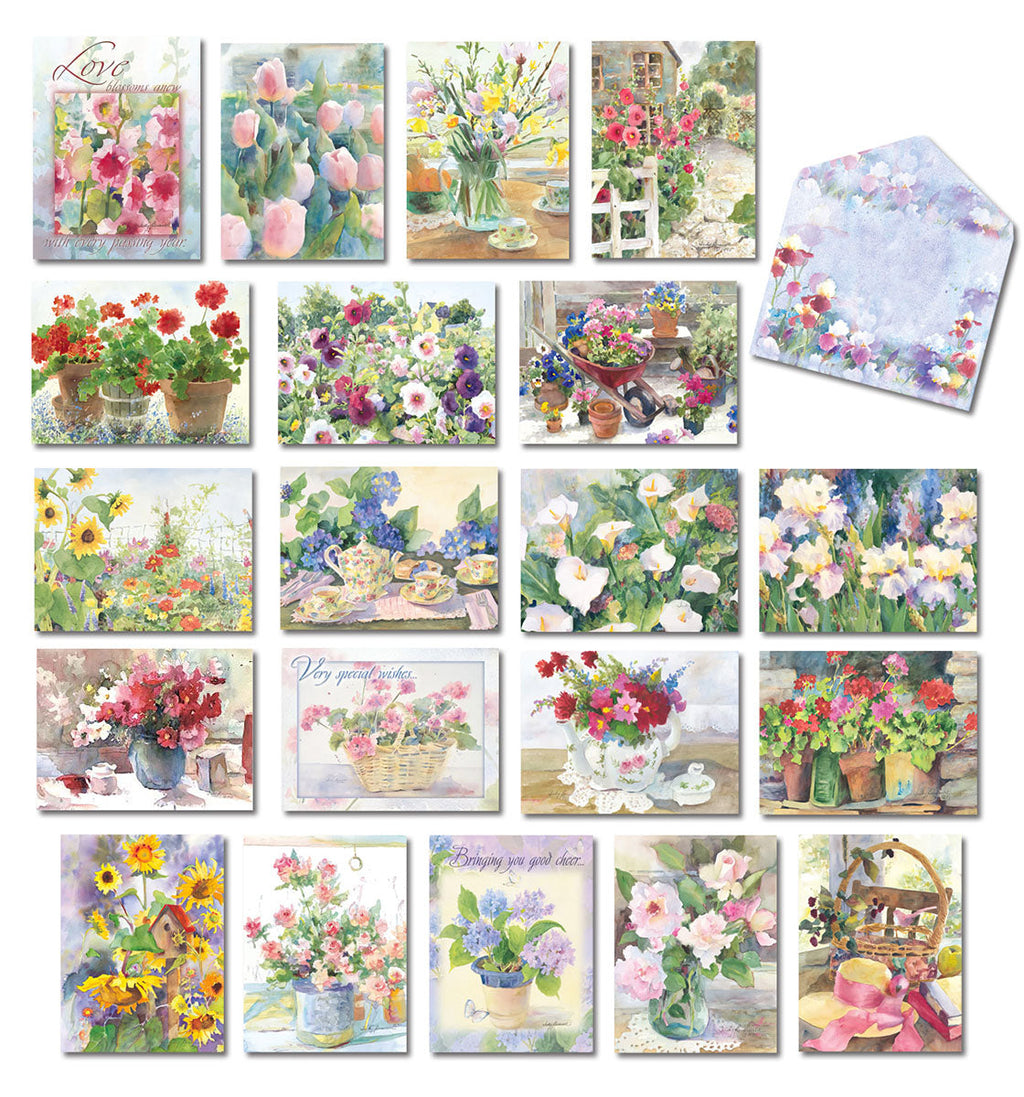 Assortment of 20 floral watercolor greeting cards by Judy Buswell, featuring various garden scenes, flowers, and a matching envelope for all occasions.