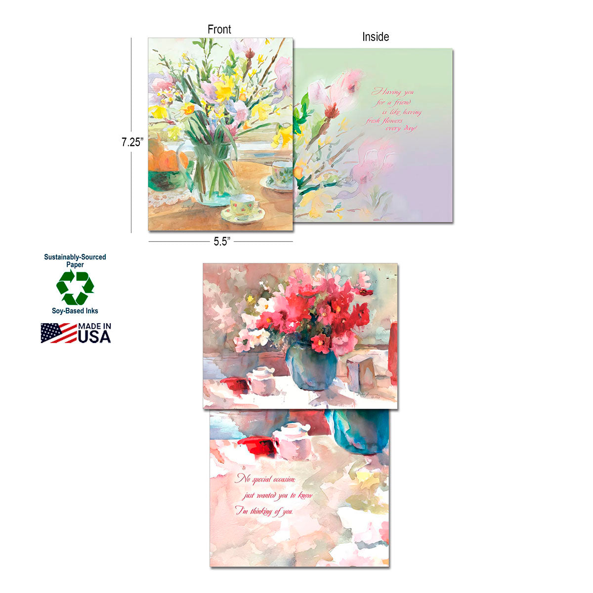 Detailed view of a floral greeting card showing front, inside with message, dimensions, and eco-friendly features.