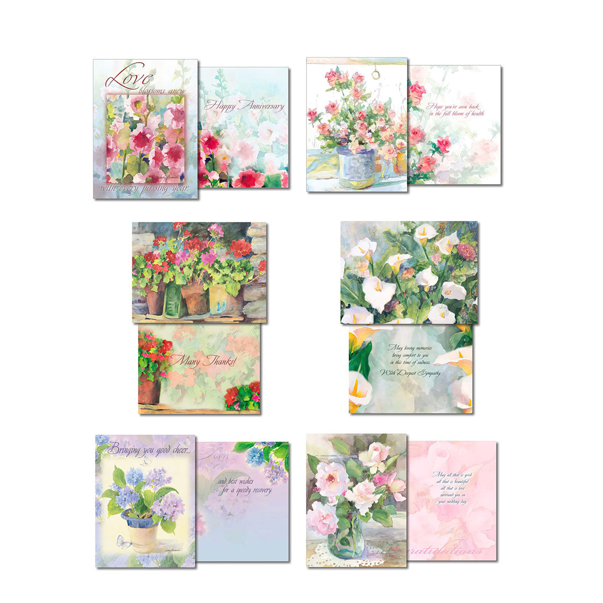 Variety of open watercolor greeting cards with messages for 'Happy Anniversary,' 'Many Thanks,' 'Sympathy,' and 'Congratulations,' featuring elegant floral artwork.