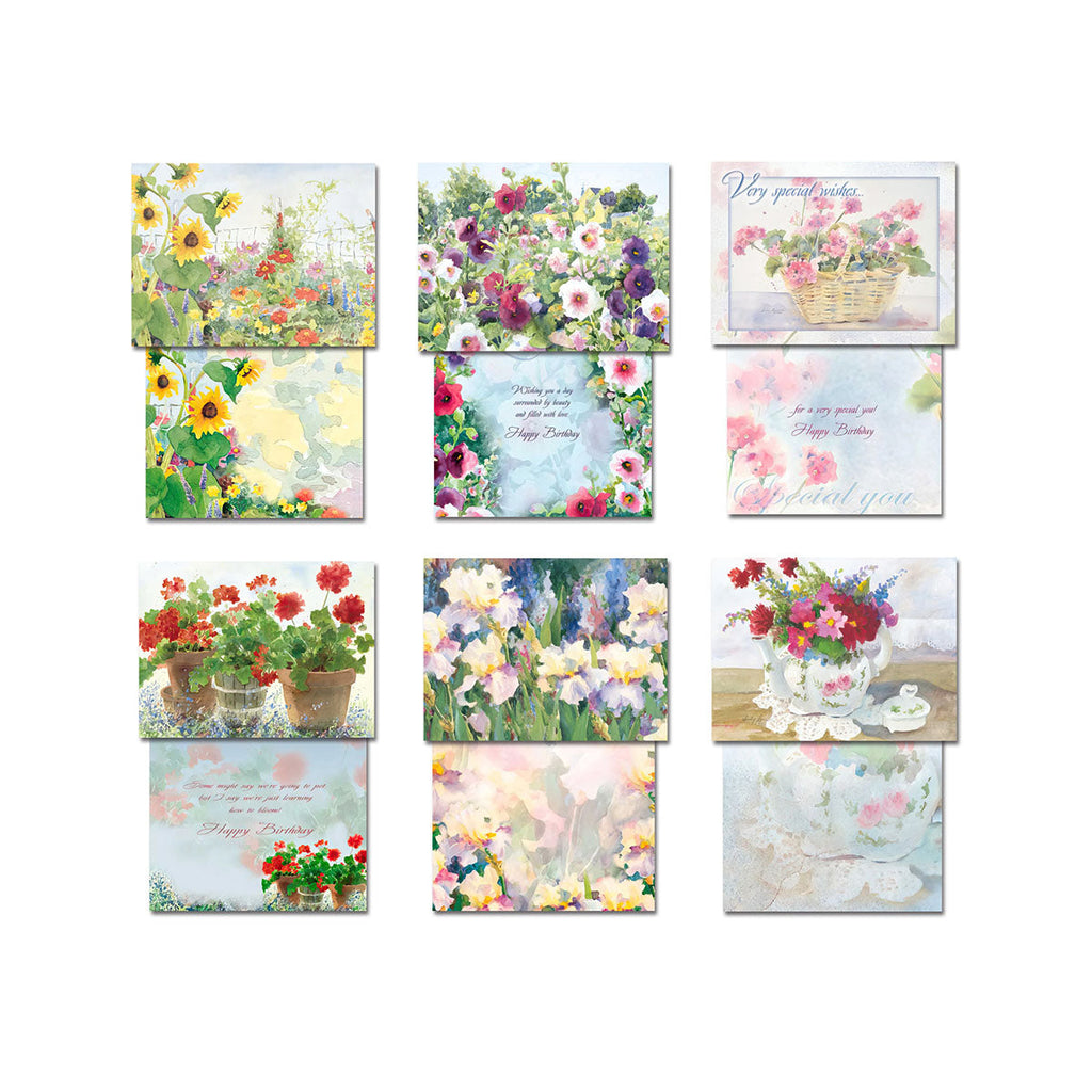 Expanded view of 9 unique watercolor floral greeting cards, open to reveal both front designs and various inside messages for special wishes and celebrations.