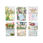 Expanded view of 9 unique watercolor floral greeting cards, open to reveal both front designs and various inside messages for special wishes and celebrations.