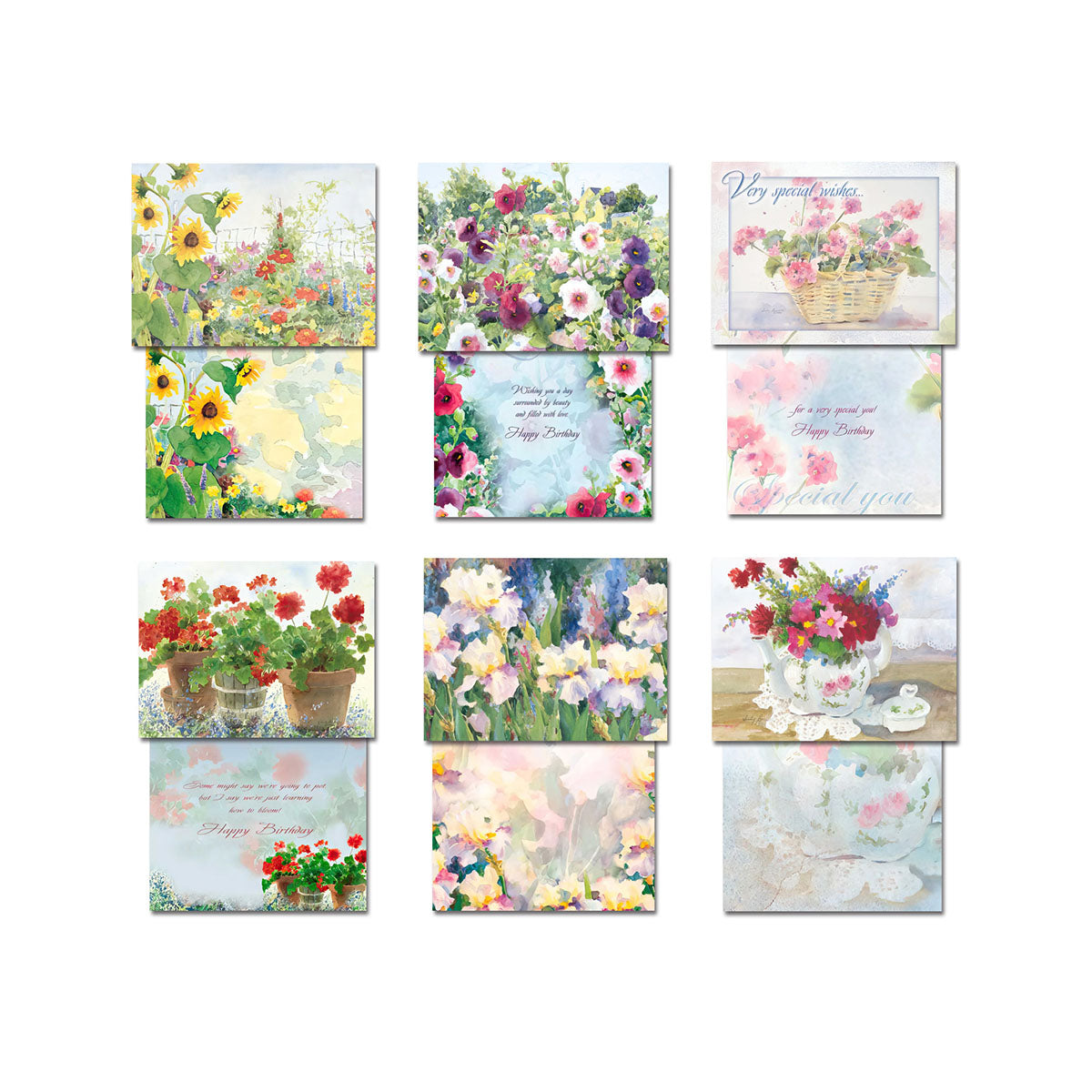 Expanded view of 9 unique watercolor floral greeting cards, open to reveal both front designs and various inside messages for special wishes and celebrations.