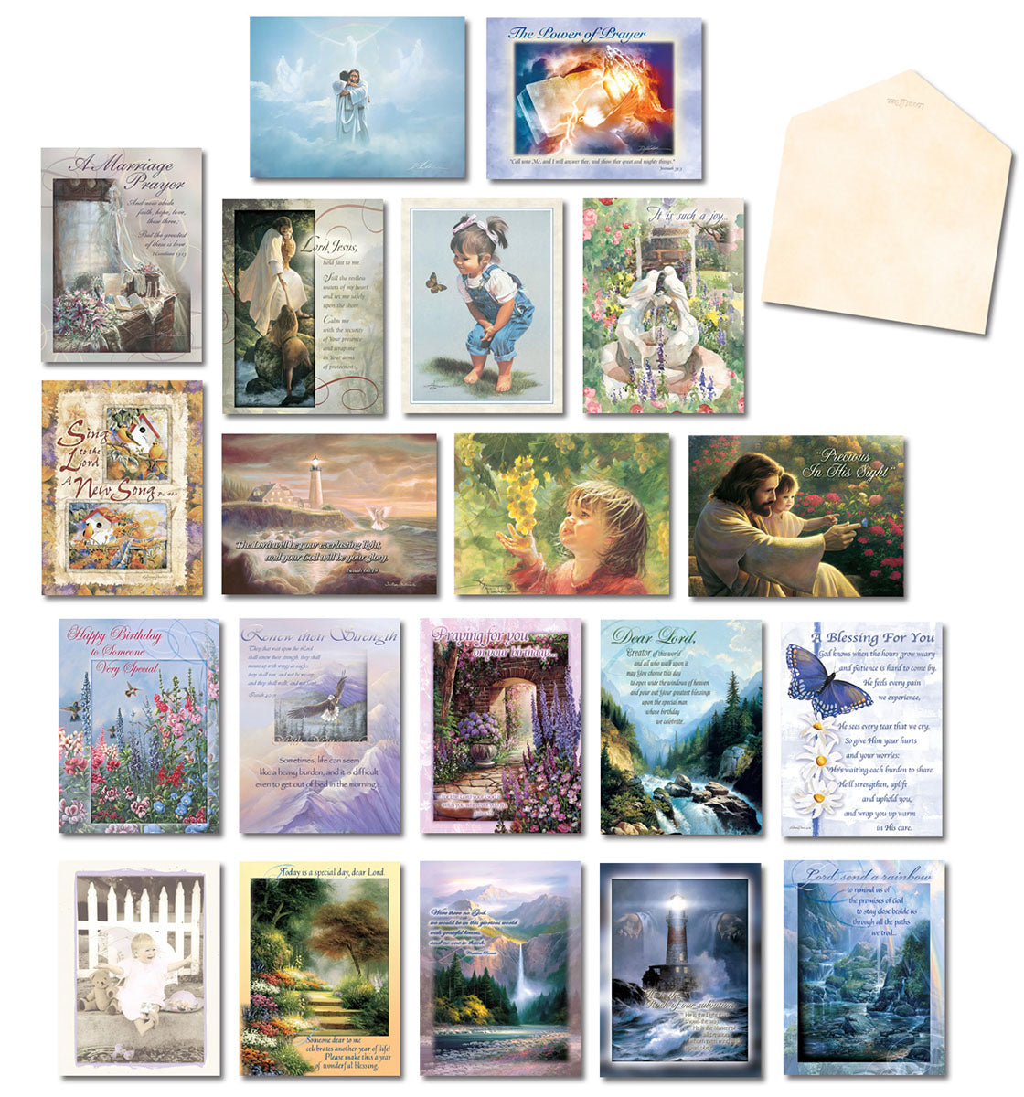 Assorted religious greeting cards by Leanin' Tree, featuring diverse designs like angels, Jesus, children, and nature scenes, with an accompanying envelope.