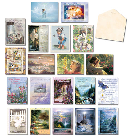 Overview of assorted religious greeting cards with various themes like lighthouses, nature, children, and angels.