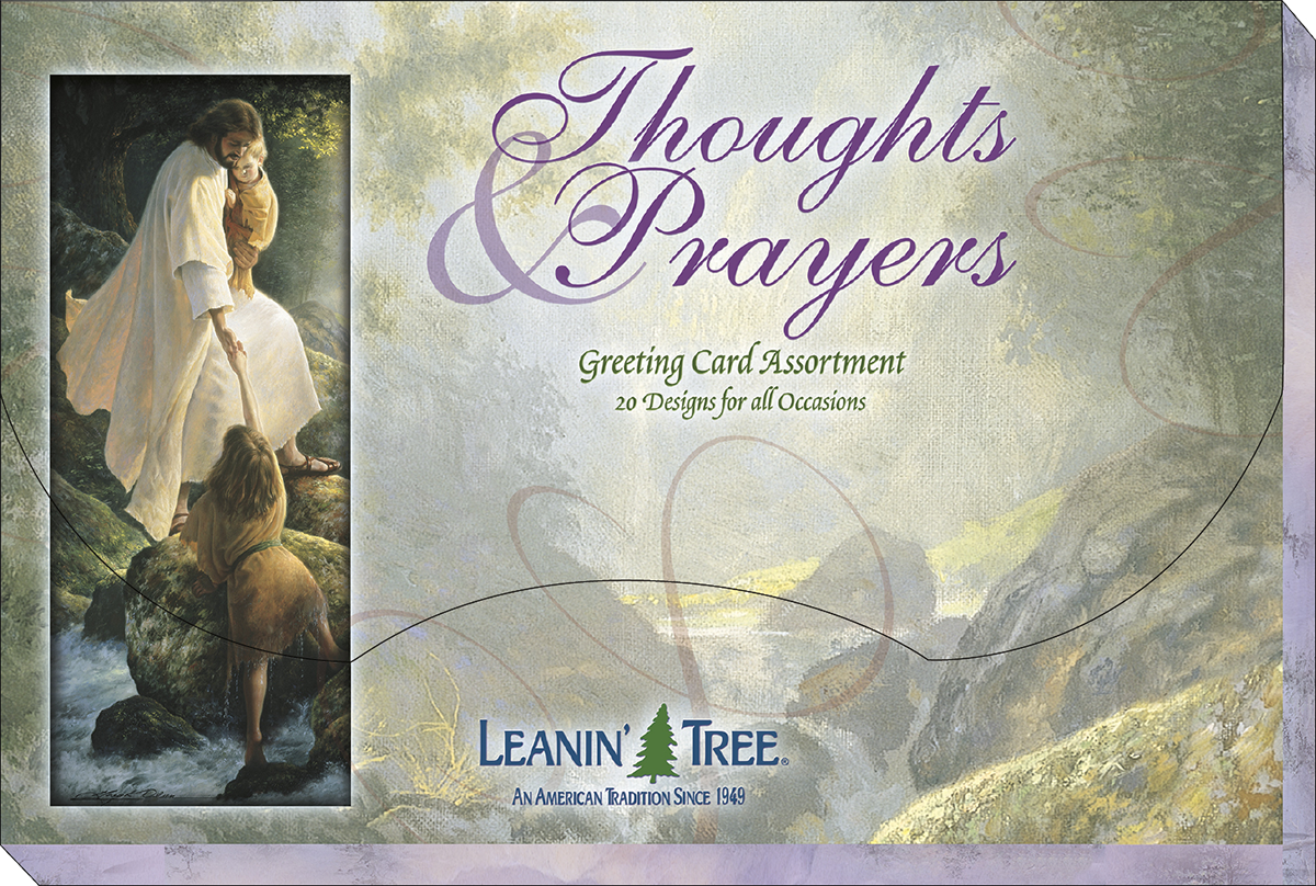 Front cover of the 'Thoughts & Prayers' Leanin' Tree greeting card assortment box, showing Jesus reaching out to a person by a stream, with elegant purple text and Leanin' Tree logo.