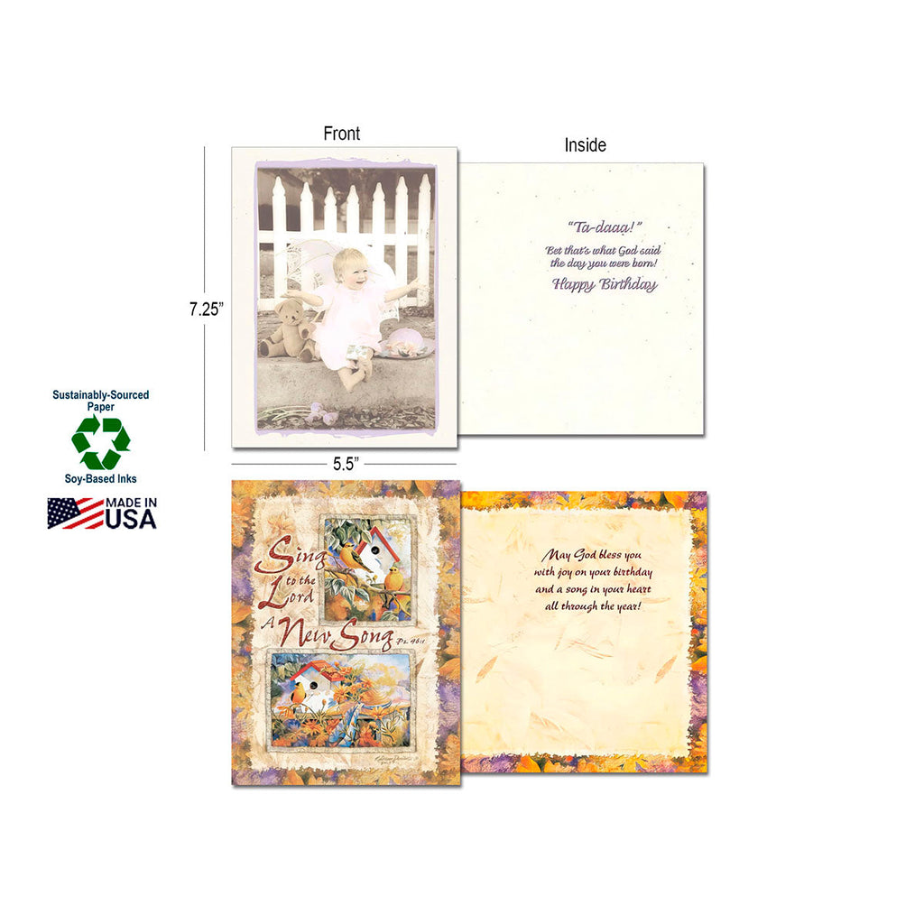 Greeting card dimensions (7.25" x 5.5") and inside/front view of a card featuring a baby. Includes 'Sustainably-Sourced Paper', 'Soy-Based Inks', and 'Made in USA' logos.